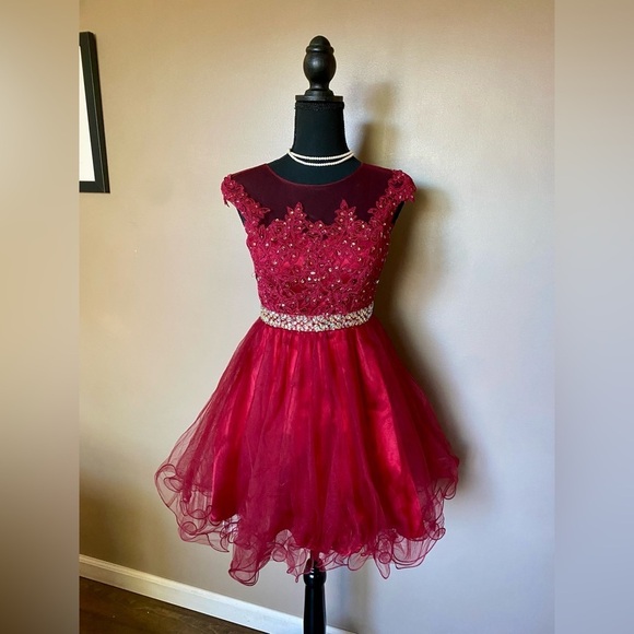 Dancing Queen baby doll red scarlet prom dress mini cap sleeve lace appliqué XS - Picture 2 of 15